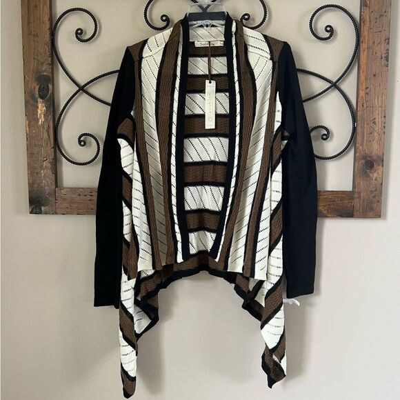 Solitaire Ravi Khosla Open Front Soft Striped Mocha Neutral Cardigan Sweater M - Picture 1 of 11